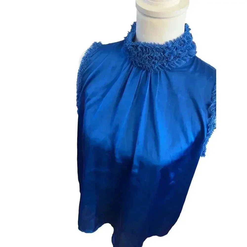 ZARA womens blue sleeveless satin ruffled neck shirt size small - Picture 5 of 8